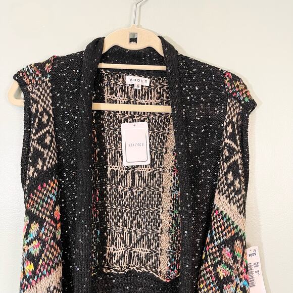 ADORE Cardigan Womens S Black Floral Sequins Open Front Sleeveless Sweater NWT - Picture 3 of 11